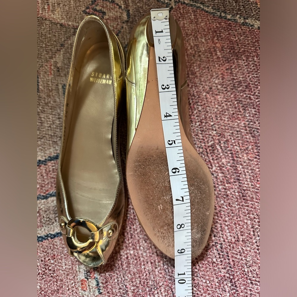 Stuart Weitzman Metallic Gold Peep Toe Flats - Picture 3 of 6